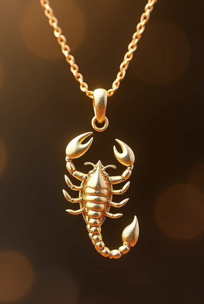 "A close-up of a beautifully crafted pendant in the shape of a Scorpio, made from pure gold. The design is intricate and elegant, with finely detailed claws, tail, and body segments that capture the essence of the Scorpio zodiac sign. The gold has a smooth, polished finish, reflecting light with a warm, rich glow. The pendant is suspended on a delicate gold chain. The background is softly blurred, ensuring the pendant remains the focal point, with 8K clarity showcasing every detail of the craftsmanship."