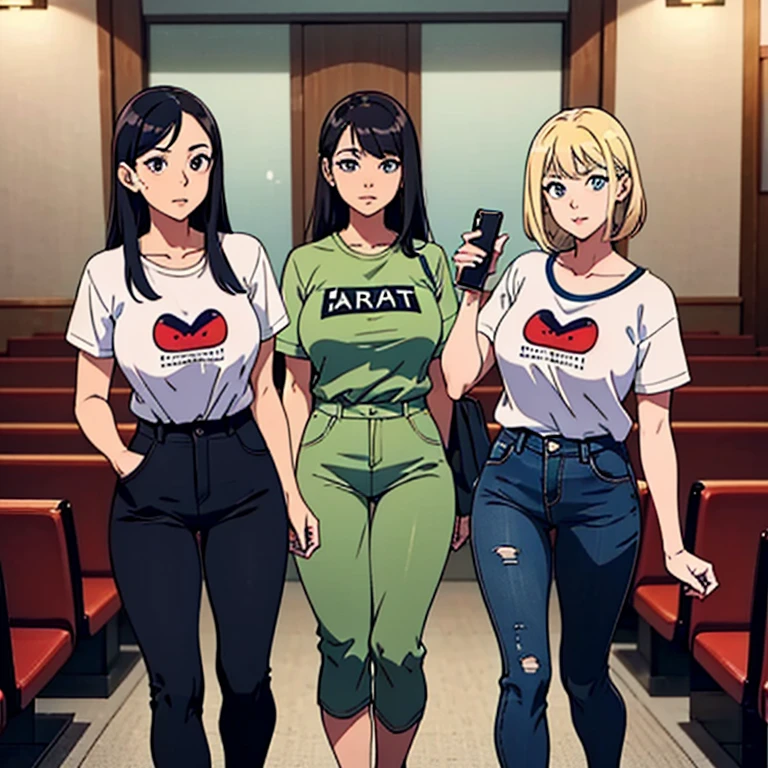 masterpiece, regular woman in jeans and t-shirt, in cinema, with friends