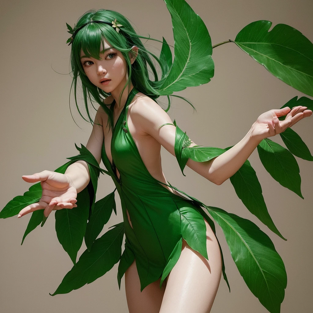 Draw a leaf fairy with a determined and focused expression、Spread your palms out and extend them forward、As if pouring energy into the surrounding nature。Her green hair and delicate, leaf-like wings should be visible、The focus is on her hands and the gesture of giving energy。The background is a strong blur