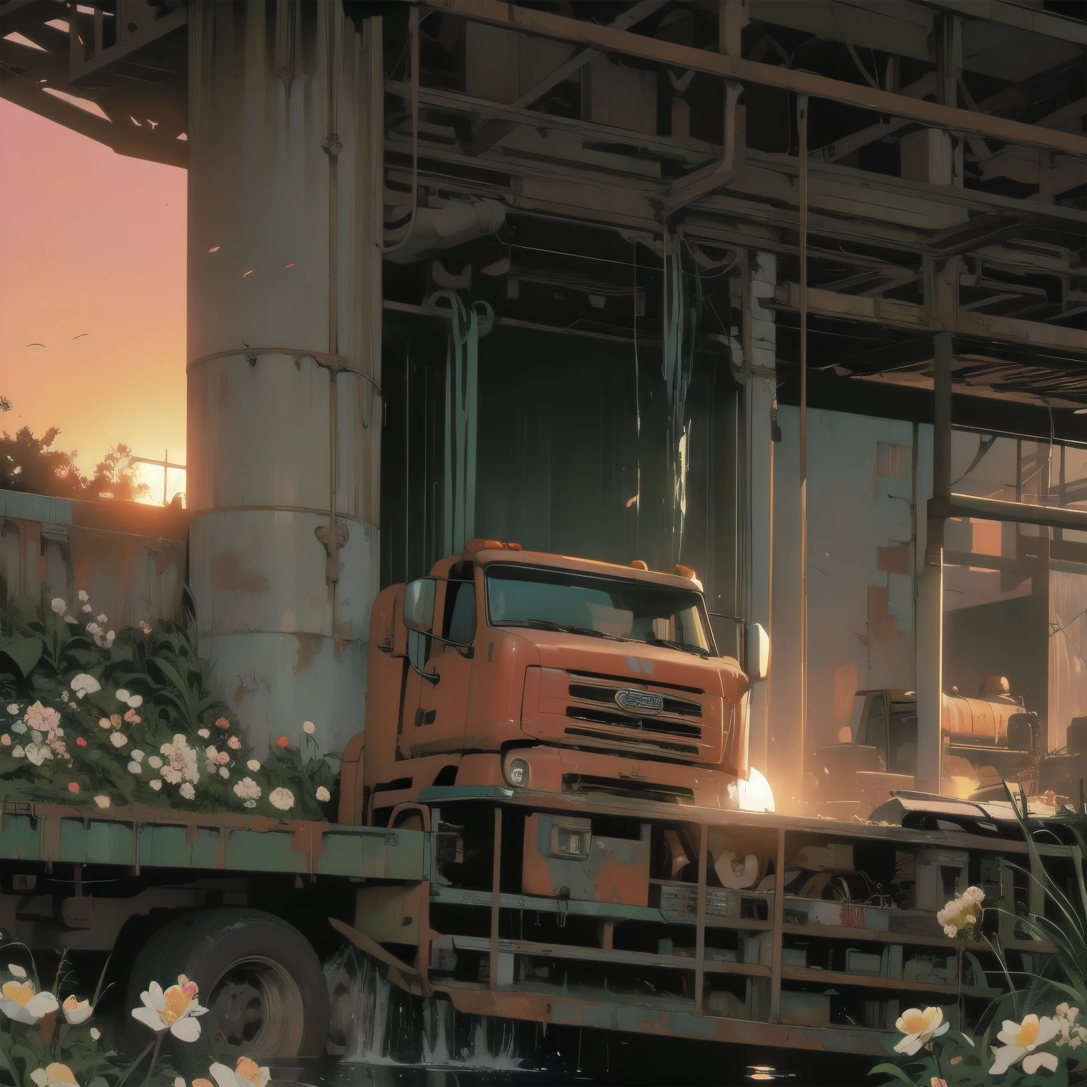 (((Masterpiece, Top Quality))), (((32K wallpaper))), detailed machinery, abandoned factory, stairwell, (((white flower field))), (((rusty white heavy truck))), gorgeous light leak, (((backlit))), detailed background, top quality, (((no humans))), collapsed heavy machinery, complex heavy machinery, pale lighting, (((very dull color )))), (((detailed rusty heavy truck))), (((lots of white flowers falling))), (((flowers growing out of rusty heavy truck))), (((lots of butterflies))), (((abandoned garage))), (((submerged))), (((waterfall falling from ceiling))), (((waterfall on heavy truck)))), (((( Bright red sunset))), (((detailed waterfall and water))), (((close up of heavy truck))