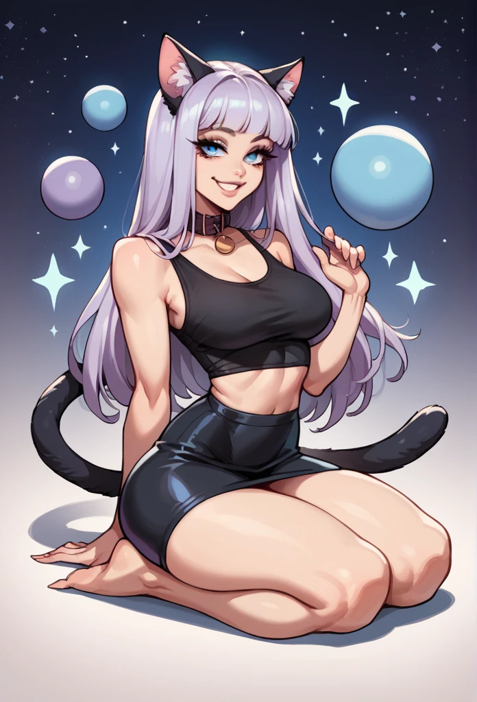 1girl, cat ears, long hair, bangs, light purple hair, gorgeous blue eyes, purple cat tail, eyeliner, long lashes, collar, black low cut tank top, breasts, starry background, big smile, full body, mini skirt