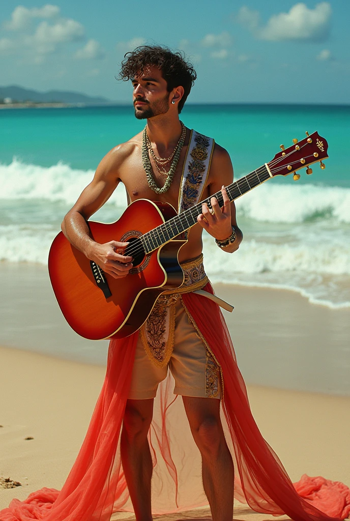 A beach change 80 with guitar in a portrait uses bright colors it is a portrait , he ,The message I want to convey is that music exists , very royal style , 48 k colores brillantes regla dheos tercios cinematic acabados como en photoshop