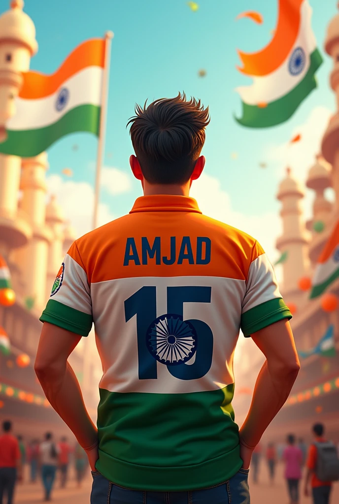 A 30 years old man celebrating indipendance day, with national flag of Bharat and he is wearing a shirt print is like Bharat flag and " AMJAD " and 15 number and independence day in small written on it's back in big and bold fonts, 3d illustration.