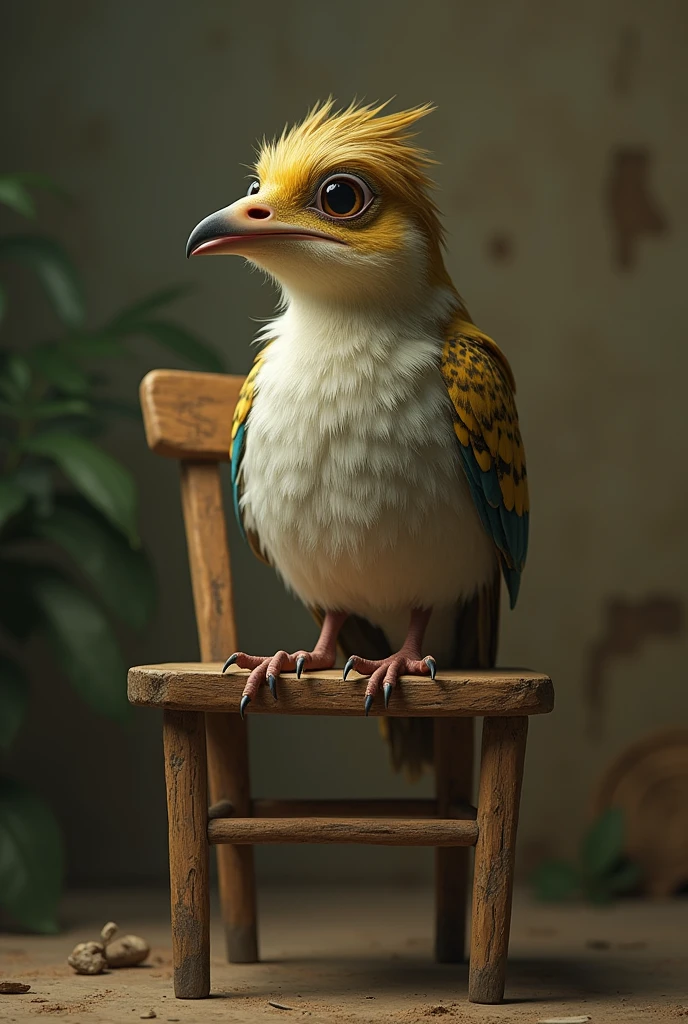 A  Inhambu-chororó bird perched on a wooden chair as if it were a woman