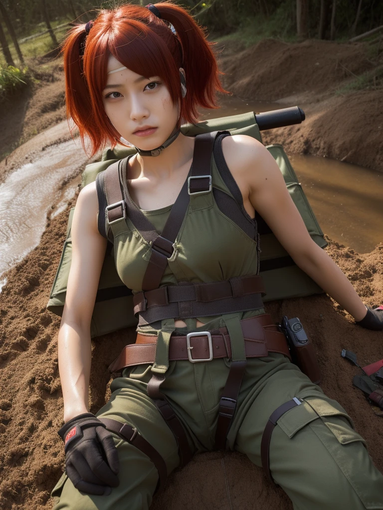 (masterpiece, ultra-detailed, ultra-realistic, best quality, clear focus, photorealistic), (ultra-high resolution, 8k:1.3), cinematic color-grading film, dramatic scenes, shadow, global-illumination, perfect anatomy, perfect face, (detailed face, detailed eye:1.3), (20 years old Japanese punk rock girl:1.2), (red hair:1.3), (experienced soldier:1.2), professional light, (boyish cool Japanese face:1.3), (Fully equipped for battle:1.3), (painful expressions:1.4), (crying:1.2), (wearing a styled soldier's outfits made of leather:1.2), slim waist, (injured, lying on a stretcher:1.4), (muddied, damaged wears:1.3), very large breasts, tactical vest, military harness, face focus,