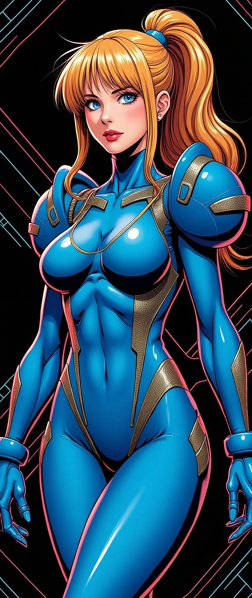 (masterpiece:1.2),(Highest quality),(Very detailed),(Ultra-high resolution),(Best illustrations),8k,wallpaper,Samus Aran,ponytail,Metroid,(Blue Zero Suit:2.0),(front:2.0),whole body,psychedelic,Neon Art,Vector art,Layered textures,sf,cyber punk,(Super sexy:2.0),(Super huge breasts:2.0),(Super thick thighs:2.0),(Super sexyなパワードスーツ:2.0),(Detailed depiction of the Zero Suit:2.0),(Super sensual:2.0),(The background is black and features a beautiful geometric pattern that is reminiscent of space.:2.0),(Muzzle Flash:2.0),(American comic book style:2.0)