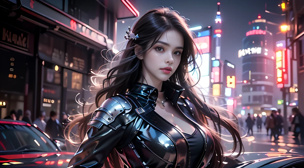 ((masterpiece, best quality, Highest image quality, high resolution, Reality, RAW photos, 8K)), Bustling future city night scene，Girl standing on the roof，Tight leather jacket，Off-shoulder，Large Breasts，Long hair，Pretty face，Closed mouth，dramatic，Upper Body，（midnight）