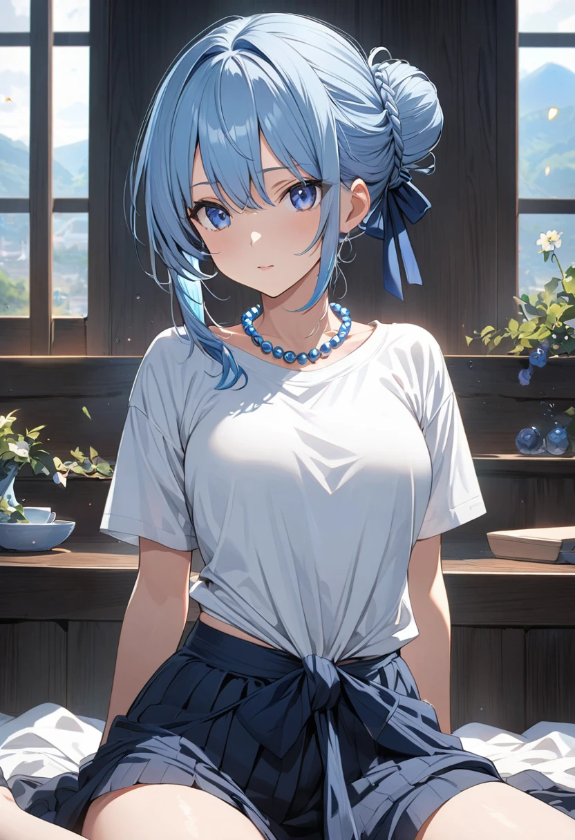 anime girl, light blue hair, hair completely tied up in a bun, white wide t-shirt, blue pearl necklace, dark blue eyes. ultra detailed 
