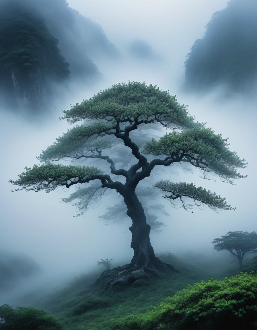 masterpiece, Highest quality, Super detailed, Fantasy、(Mysterious fog)、(1 km Apple Tree)、