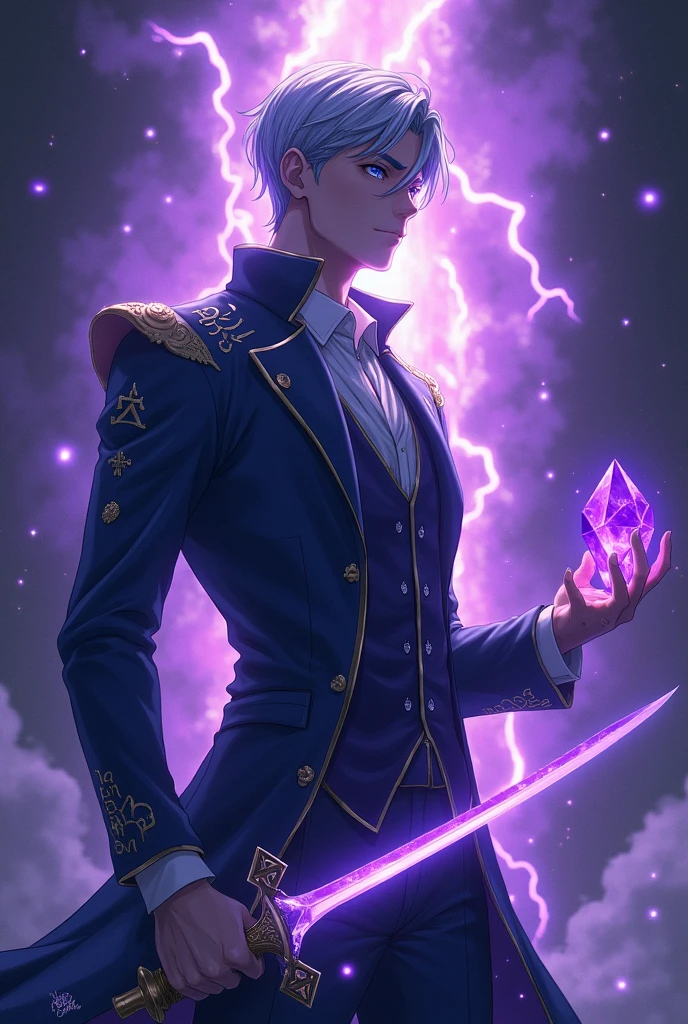 ((masterpiece)), ((High Definition)). The black silhouette of a man in the center in anime style. He is handsome, attractive and distant. with blue eyes. He infused respect with his immense power. From him emanates an electric aura of divinity purple in color, and with magical runes around him. He holds in one of his hands a magical crystal sword, purple in color. The illumination is soft highlighting his eyes, His imposing presence and divinity. Dynamic pose. with a dark background.