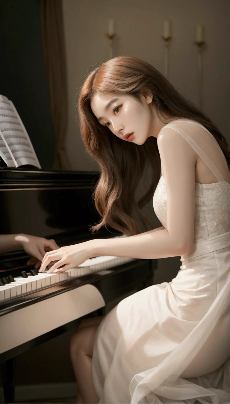 Mujer araffe vestida de blanco Playing the piano en una habitación., Pianist, Playing the piano, Beautiful and elegant, Jaeyeon Nam, bae suzy, beautiful south korean woman, flat at the bottom, graceful and elegant, heonhwa choe, inspiration from Zhang Shuqi, Sun Yunjoo, elegant and graceful, Korean artist, chen xintong, lee ji-eun