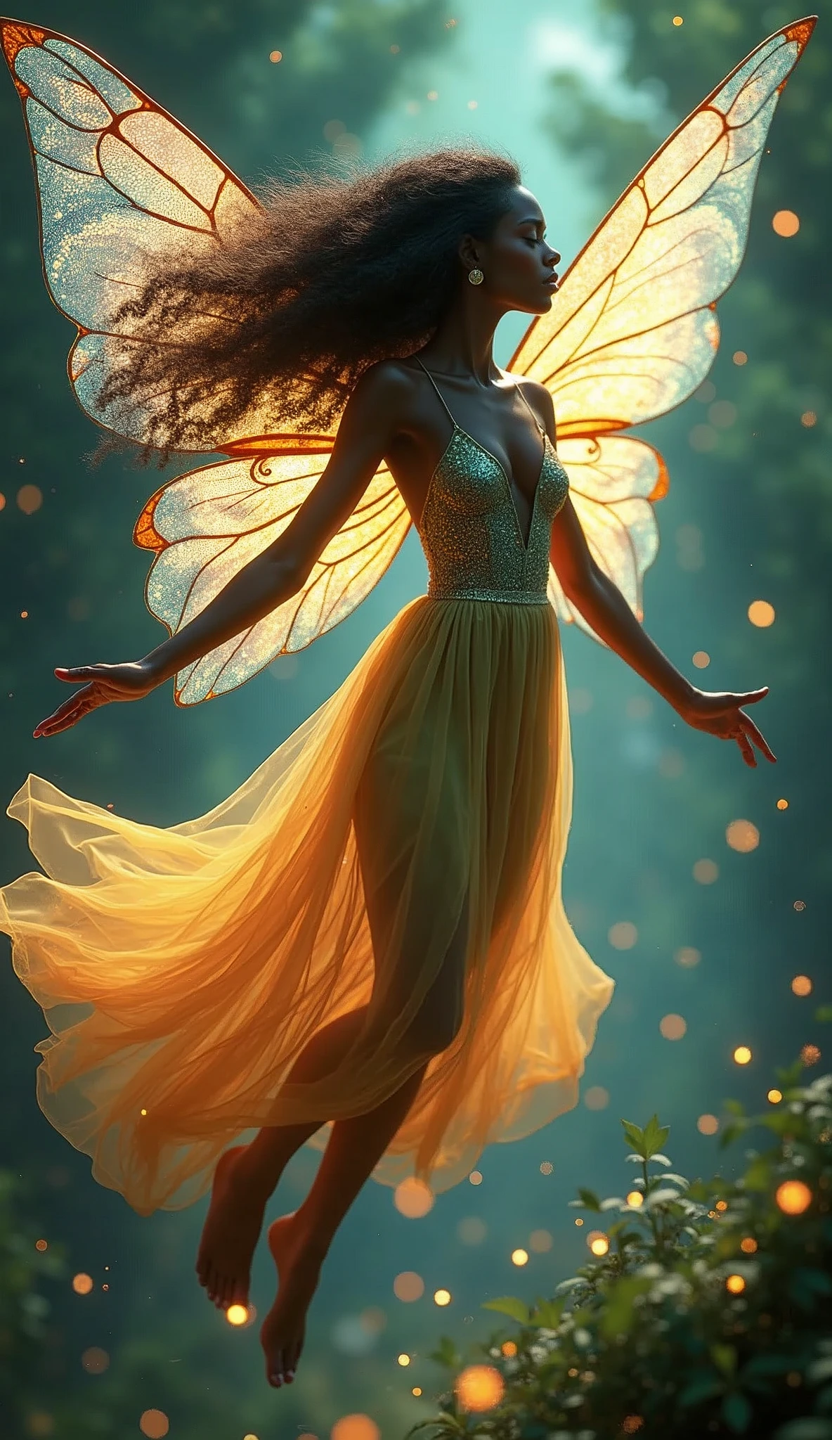A stunning fairy princess with dark ebony skin, adorned in a vibrant dress that radiates bright, lively colors. Her iridescent wings shimmer with delicate realism, catching the light and casting a soft glow. Dynamic posing captures her in mid-flight, surrounded by a myriad of fireflies that add a magical ambiance. The scene is in sharp focus, with ultra-detailed and intricate textures that bring out the finesse of her attire and the subtle grace of her movements. The background is a cinematic portrayal of an enchanted forest, enhancing the fairy tale essence. Aim for a fashion-forward look with anime influences, ensuring the portrait exudes vibrancy and a high level of portrait photography finesse.