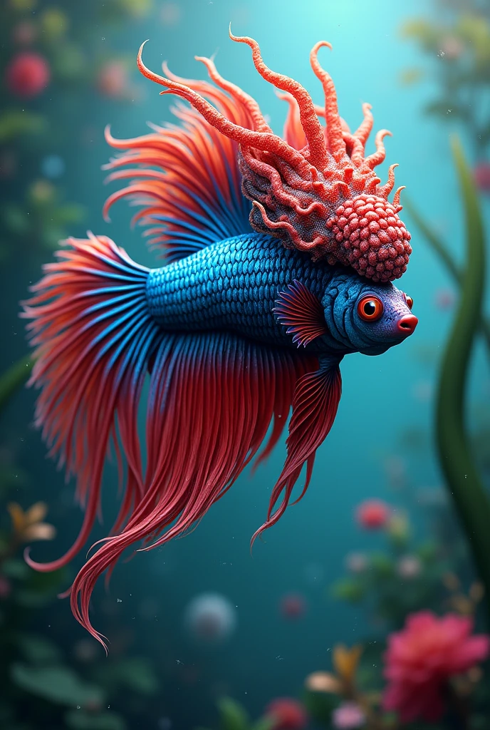 Betta fish with flowerhorn head.