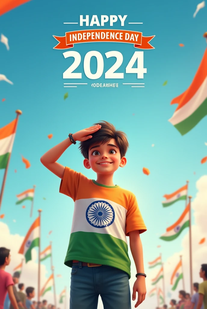 A young boy stands proudly under a clear blue sky, celebrating Independence Day on August 15th, 2024. He is wearing a vibrant tricolor T-shirt with his name Abhishek" printed on the back, along with a large image of the Ashoka Chakra. The sky above him features the words "Happy Independence Day 2024" in bold, festive letters. Indian flags are flying around him, and a sense of national pride fills the air as he salutes, symbolizing his love for the country.