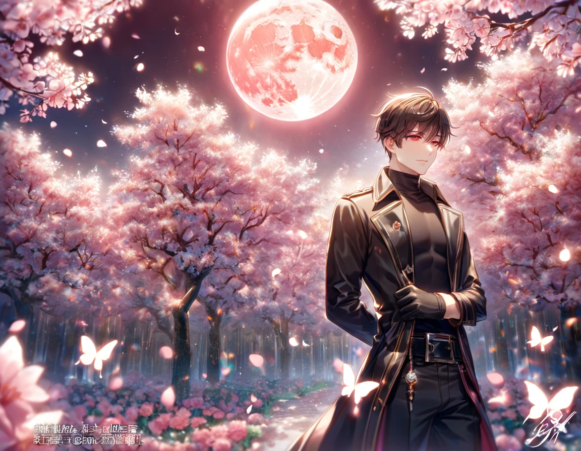 absurdres, highres, ultra detailed, HDR, master piece, best quality, extremely detailed face, delicated features, Jiu Qin, dark brown hair, expressive red eyes, Quanqiu Gaokao, solo, sexy man, handsome, sensual, black trench coat, black tight turtleneck shirt, belts, black gloves, fantasy, magical, cherry blossoms, pink flowers, pink butterflies, pink petals, pink moon, garden