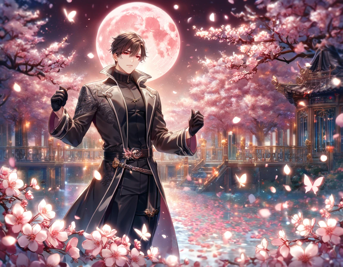 absurdres, highres, ultra detailed, HDR, master piece, best quality, extremely detailed face, delicated features, Jiu Qin, dark brown hair, expressive red eyes, Quanqiu Gaokao, solo, sexy man, handsome, sensual, black trench coat, black tight turtleneck shirt, belts, black gloves, fantasy, magical, cherry blossoms, pink flowers, pink butterflies, pink petals, pink moon, garden