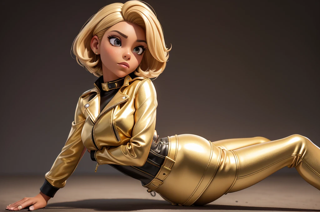 obra prima, melhor qualidade, ((only one woman,)) ((elizabeth pipko, dark tan skin, blonde bob hair,)) ????? cone tits, ((wearing shiny gold leather biker moto jacket,)) ((jacket has padded shoulders, jacket has stiff high collar,)) (((wearing shiny gold leather pants,))) body is very skinny, ((laying down, resting on one hip,)) ((camera back of body view,)) shallow depth of field, highres, HD, 8k, anatomically correct