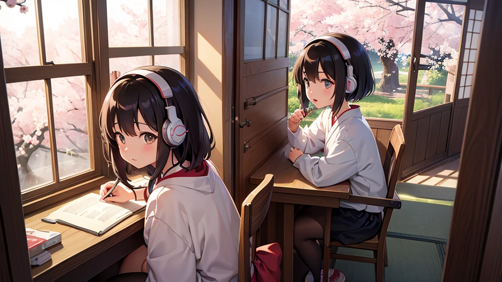 In the style of Japanese Studio Ghibli animation、studying while listening to music through her headphones、Lighting is warm、Outside the large window, cherry blossoms are blooming wildly.、Their hair color is black or brown.