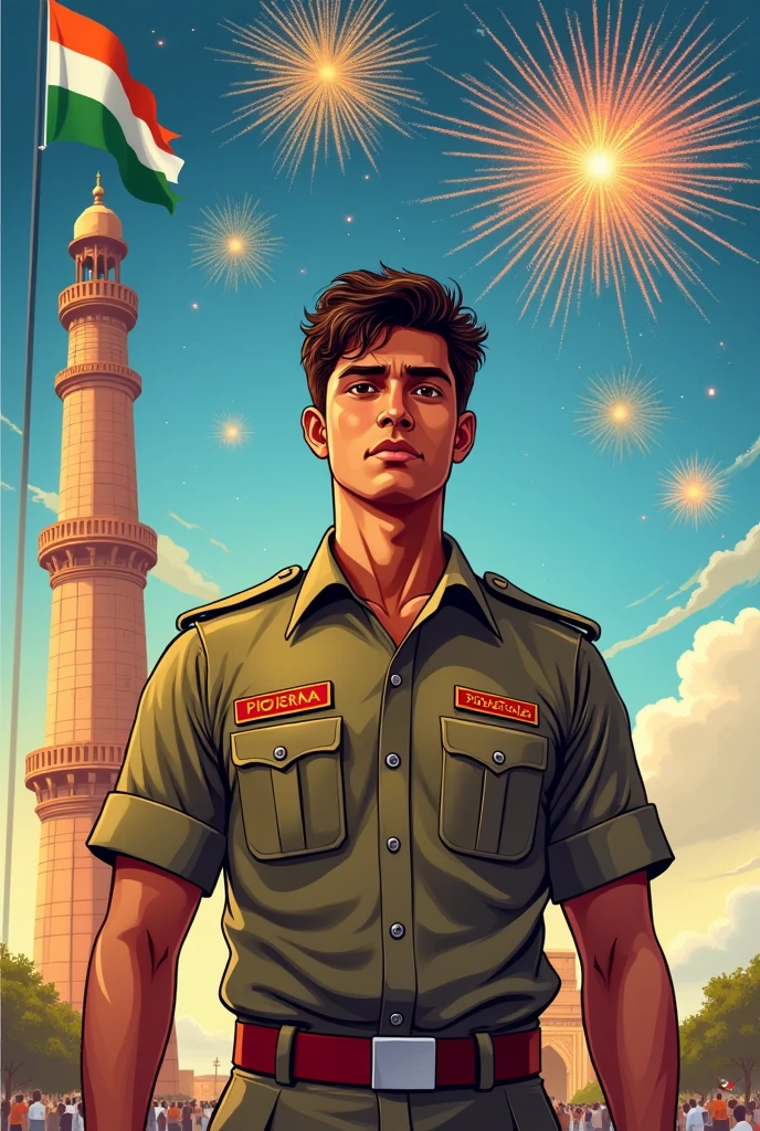  “Illustration of a 20-year-old Indian men dressed in a Indian army , proudly holding the Indian flag. He standing in front of a historic monument with fireworks in the sky. Her blouse has ‘POORNA‘ embroidered in red, and the text ‘Happy Indipendents day next line Proud to be Indian’ shines above.”