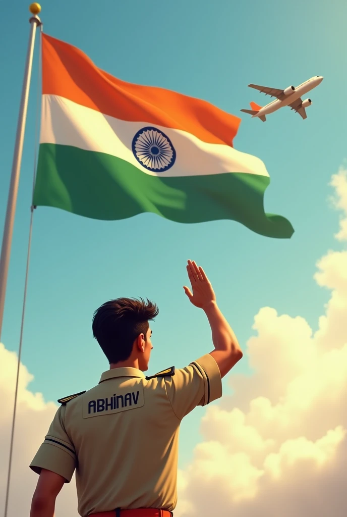 Create a boy of 18 years saluting with right hand to Indian flag on independence day name Abhinav on back ground, Jet plane flying in air