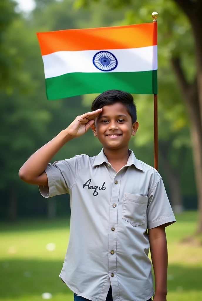 A boy who is wearing a shirt on the Aaqib was writ and saluting to the indian flag and also have a flag of india in his hand
