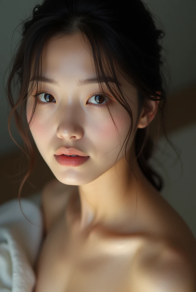 realistic photo, 25-year-old Japanese woman, nude, looking at the camera, from above, detailed face and body, natural lighting, high resolution, photorealistic, 32mm, (best quality,8k, high res,masterpiece:1.2),ultra-detailed,(realistic, photorealistic,photo-realistic:1.37), realistic skin texture, detailed eyes, and lips, beautifully detailed face, long eyelashes, smooth skin, natural body shape