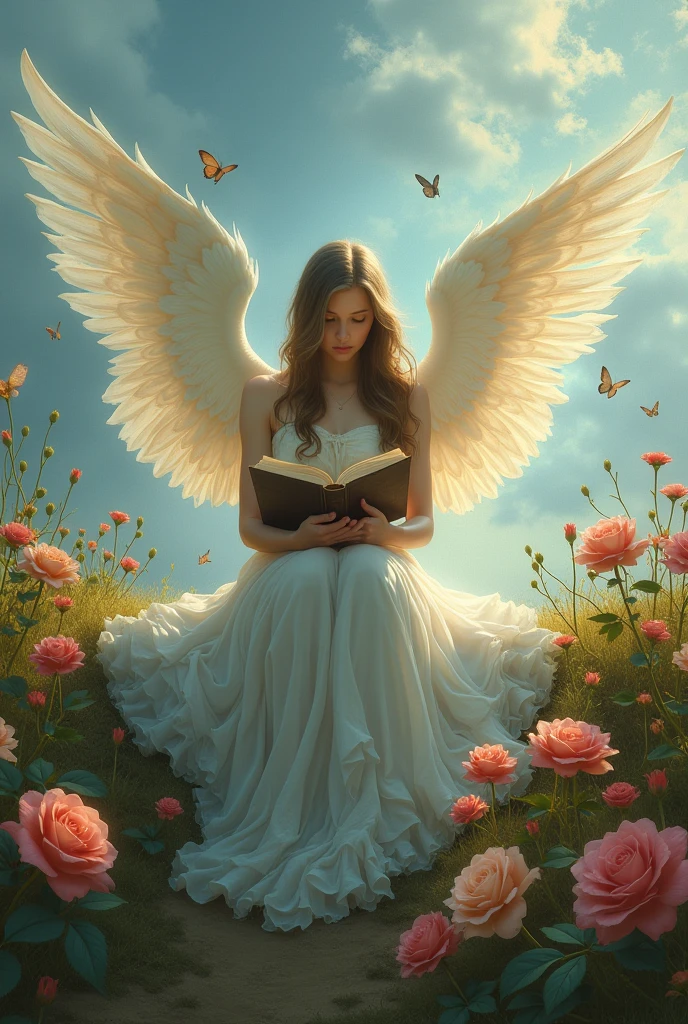 The soul of a faceless woman with wings, reading a book with roses of various colors and butterflies in her mind, she is on a hill..