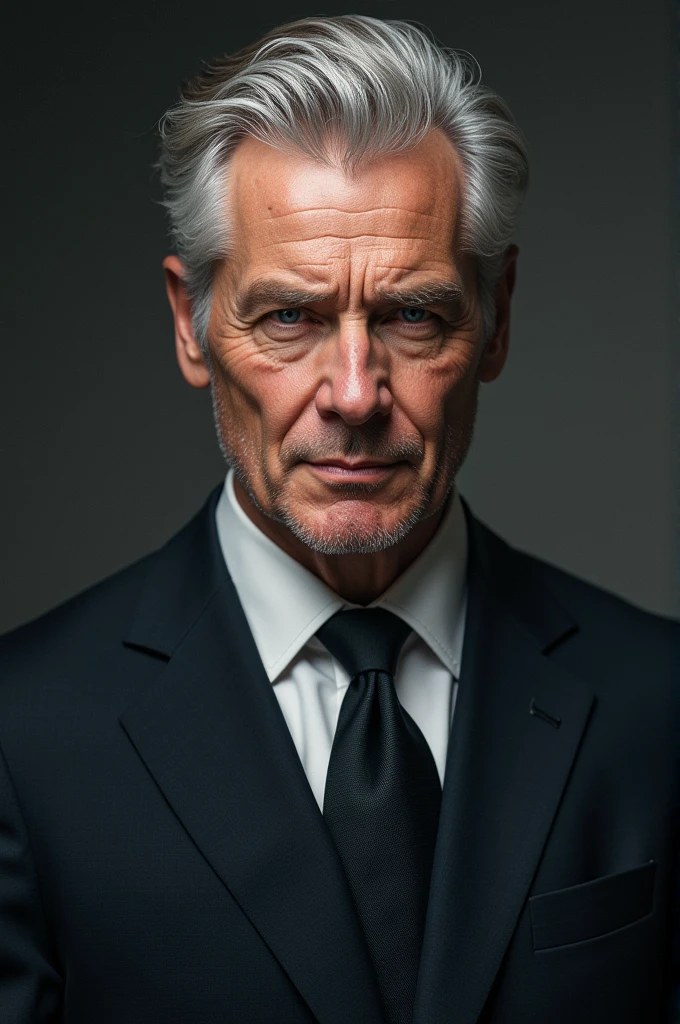 He's a man of average height with silver hair, piercing blue eyes, and an athletic build.