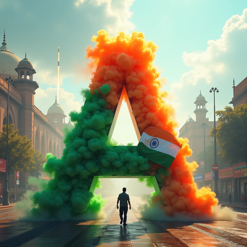 Create a large, stylized letter “A” decorated with and smoke colors and elements of the Indian flag in street. The setting appears to be a indian national flag, as indicated by the independence equipment, including a beautiful cloud, and indian national flag at the base of the “S” The overall theme seems to celebrate India independence day and 15 August 2024, possibly suggesting pride in Indian red fort and rocket fly in clouds 8k ultra quality images.