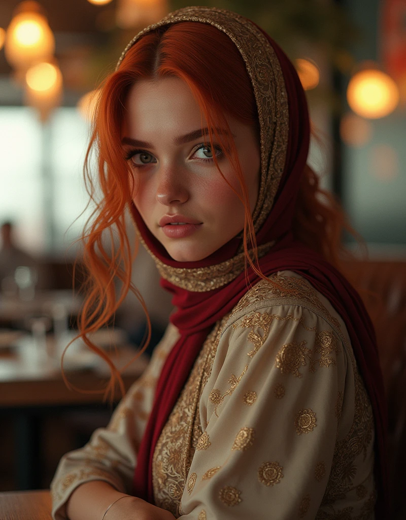 A cinematic photorealistic color digital painting of a 26 yo gorgeous appealing amative red haired wears hijab scarf looking at viewer gently, ornated modest dress, blush, light laugh, sit on chair at a resto, detailed face, insanely detailed and intricate, crisp sharp and clear, volumetric lighting, ultra-high resolution, masterpiece hyper realistic artwork of Don Lawrence, insanely detailed and intricate, centered, professional Color Grading by Kenneth Hines Jr., cinematic aesthetic lighting art by Tim Burton trending on Artstation.