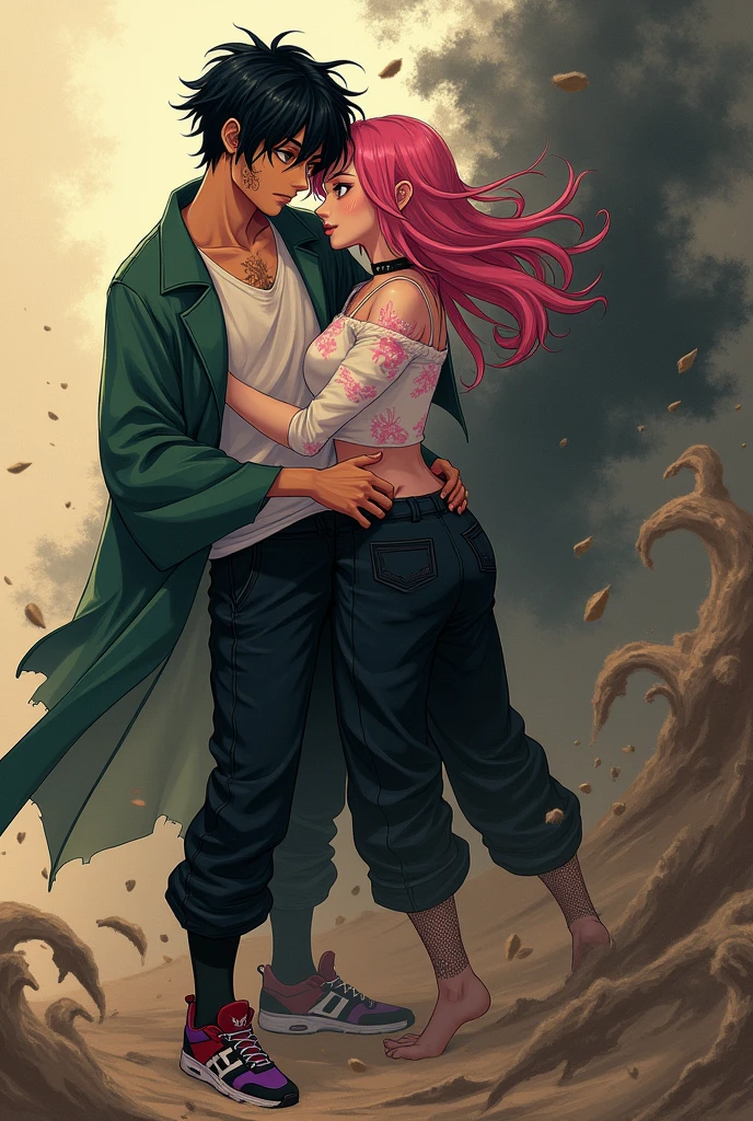 Create an illustration of an 18-19 year old boy,short black hair with orange eyes, giant burn scar on the left side of the face, skin fair, wearing an open green haori, white undershirt, black pants and a pair of red and black sneakers, transforming his right side into black sand and manipulating a black sandstorm. Like a 17-18 year old girl with pink hair, gold eyes, wearing a white top with a pink bunny print, Fishnet pantyhose, Black baggy pants, pair of purple shoes, wearing choker, kissing his neck.