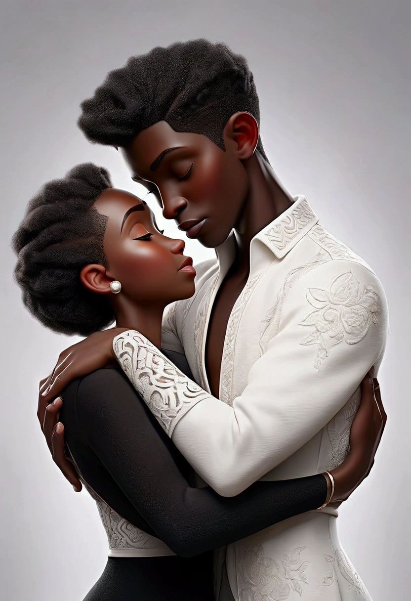 Two people embracing, one black and one white, surrounded by people looking at each other and some also embracing.