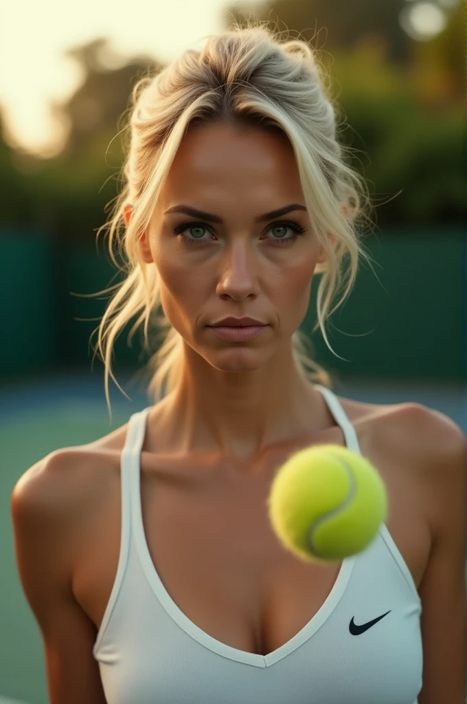 A captivating close-up portrait of a tennis player, with the emphasis on her expressive face and intense gaze. Her blonde hair is styled in a sleek, modern way. She wears a stylish, low-cut sports top and her eyes are locked on the tennis ball. The warm, golden light of the late afternoon bathes her face in a soft, ethereal glow. The clean lines of the tennis court and the lush green surroundings provide a sophisticated and intimate backdrop, framing the scene perfectly., photography.
