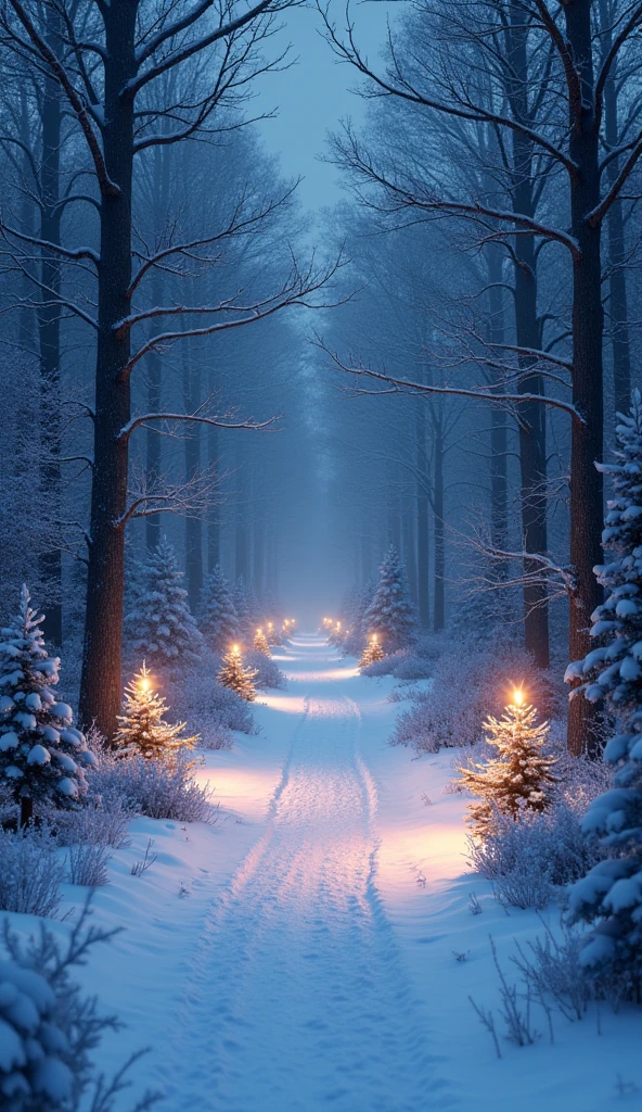 Small path with depth in snow and stars in the sky with a Christmas touch to it