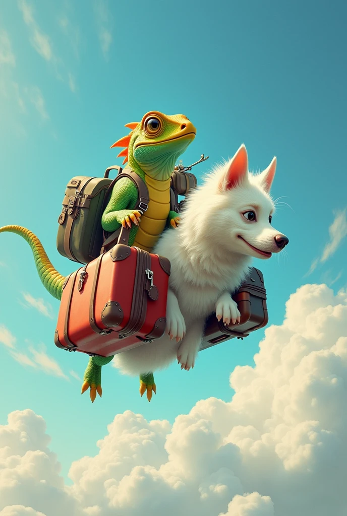 A lizard and a white dog losing flight with their luggage