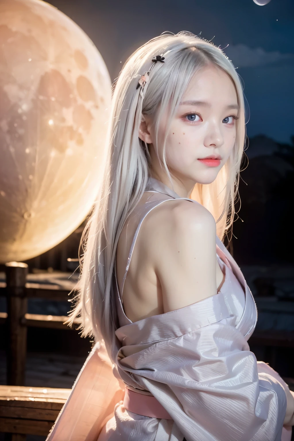face lighting,bright backlight,super high resolution,best quality,Photos,32K,(Realistic:1.2),huiye,1girl,(kimono:1.1),(pale skin:1.5),(pink silver hair:1.2),long hair,(night:1.2),
(pink moon:1.4),Shoulders exposed skin,Are thin, skinny,