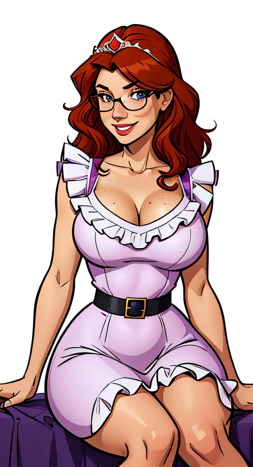 Thin woman, 4K (High definition), beautiful smiling, professor wearing a purple V-neck dress shirt (with ruffles) and central locking, black belt, long white curly hair, Caucasian skin, taking off his round glasses, shoulder length wavy red hair (wearing tiara), sitting, eyes browns, busty with freckles. comic style, white background.