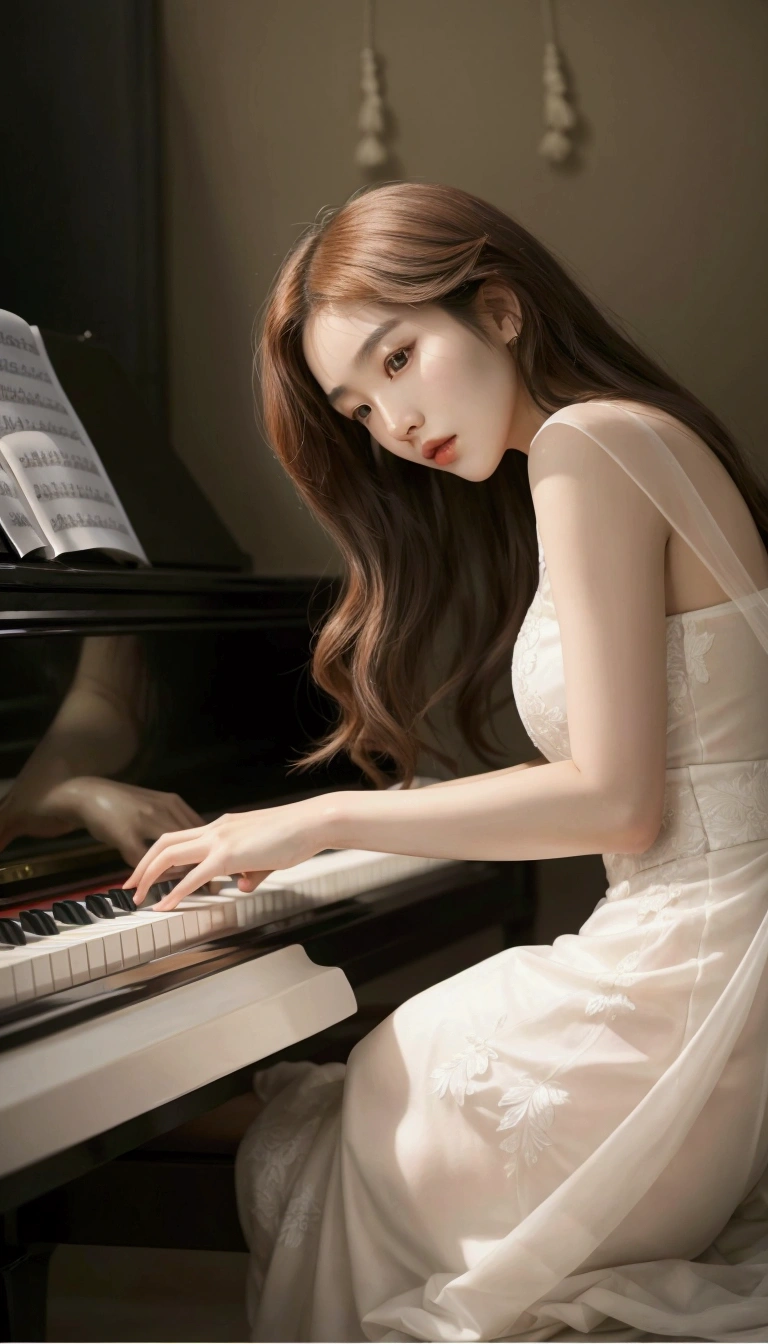 Mujer araffe vestida de blanco Playing the piano en una habitación., Pianist, Playing the piano, Beautiful and elegant, Jaeyeon Nam, bae suzy, beautiful south korean woman, flat at the bottom, graceful and elegant, heonhwa choe, inspiration from Zhang Shuqi, Sun Yunjoo, elegant and graceful, Korean artist, chen xintong, lee ji-eun