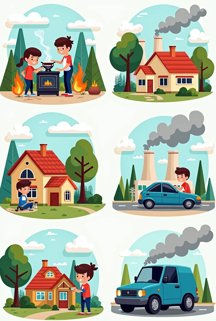 generate an image for a primary school child's work on the non-renewable resource gas: cook: Stoves in houses.

Heating: Water and houses in winter.

Generating electricity: In power plants.

Vehicles: Some buses and trucks.

Suggested image: A grid with images