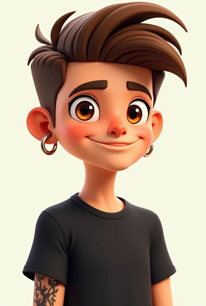 A young man of , with brown short hair, boxy face, and brown eyes, wearing black t-shirt. with tattoo left arm, 3d cartoon, with hoop earring.