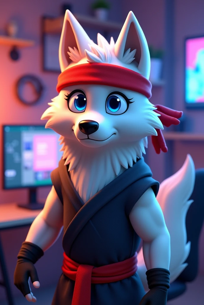 A white male animated wolf with blue eyes wearing a red ninja headband in front of a gamer room background