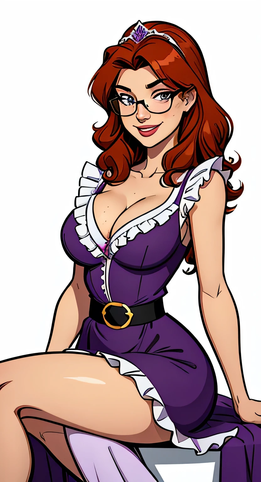 Thin woman, 4K (High definition), beautiful smiling, professor wearing a purple V-neck dress shirt (with ruffles) and central locking, black belt, long white curly hair, Caucasian skin, taking off his round glasses, shoulder length wavy red hair (wearing tiara), sitting, eyes browns, busty with freckles. comic style, white background.