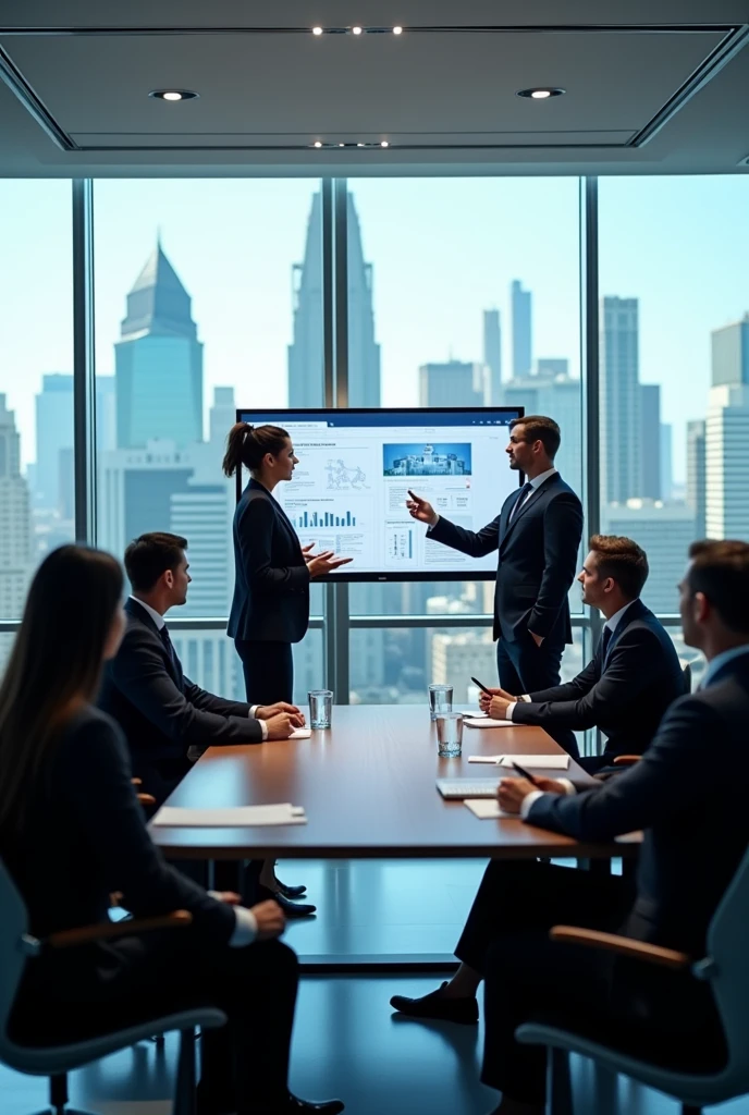 "Create an image of a group of business professionals in a high-end conference room, engaged in a serious investment meeting. The room is filled with natural light from large windows overlooking a city skyline. The focus is on the leader presenting a proposal on a digital screen, with charts and graphs visible. The other executives are attentively listening, some taking notes, while the atmosphere reflects professionalism and high stakes in the world of real estate investment."
