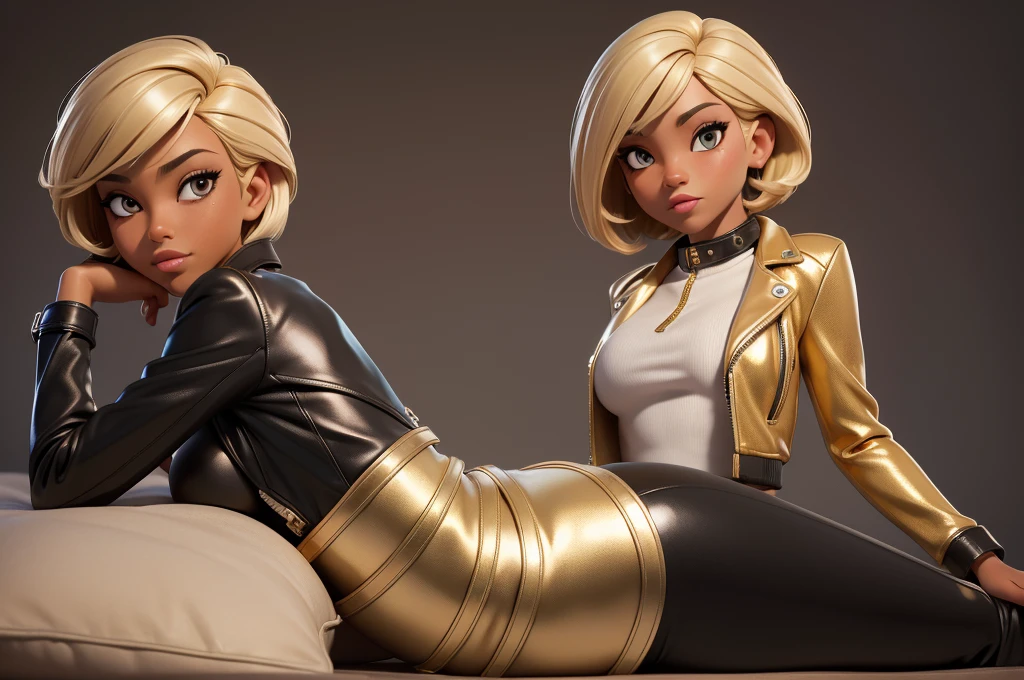obra prima, melhor qualidade, ((only one woman,)) ((elizabeth pipko, dark tan skin, blonde bob hair,)) erect cone tits, ((wearing shiny gold leather biker moto jacket,)) ((jacket has padded shoulders, jacket has stiff high collar,)) (((wearing shiny gold leather pants,))) body is very skinny, ((laying down, resting on one hip,)) ((camera back of body view,)) shallow depth of field, highres, HD, 8k, anatomically correct