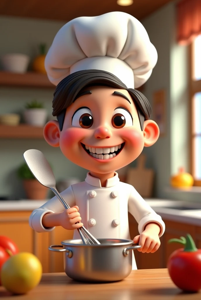 Create a 3D model of a chef in the Pixar style. The chef should have a friendly and charismatic appearance, with exaggerated and expressive features typical of the Pixar style. They should be wearing a white chef's uniform with a large, round chef's hat. The apron should be visibly clean and well-fitting. The chef should be in a dynamic pose, perhaps stirring a pot or holding a spatula with an animated smile on their face. The environment should be a stylized and colorful kitchen, with details like large, colorful utensils, Fresh and vibrant ingredients. The lighting should be soft and create a welcoming and cheerful atmosphere."
