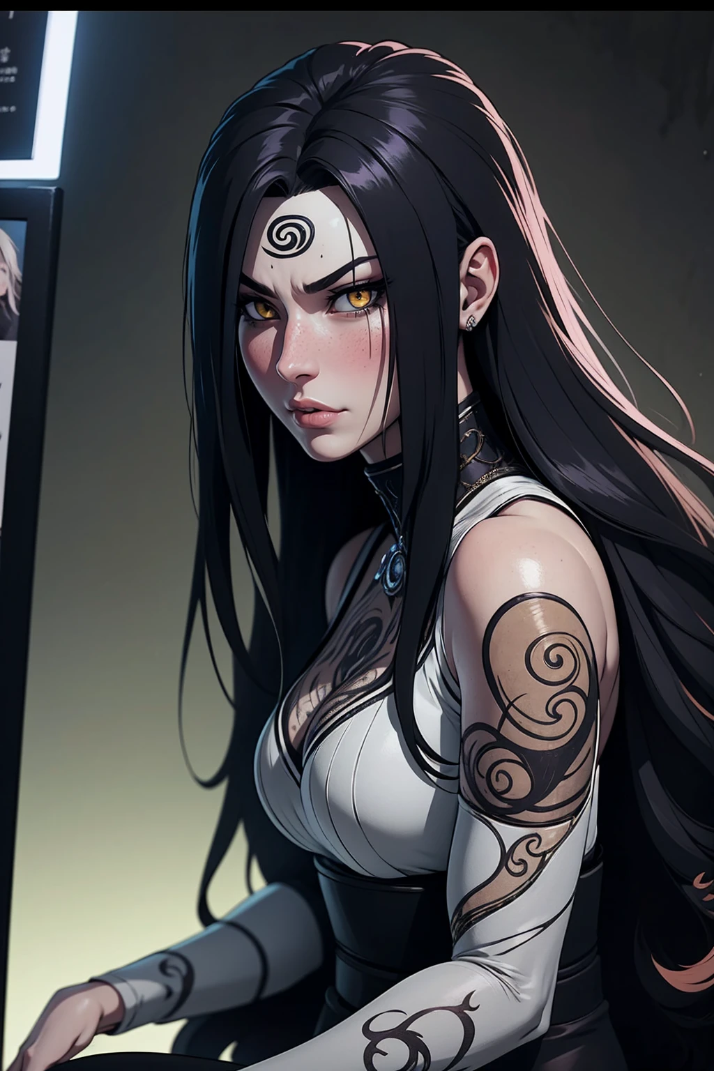 REALISTIC VISION 1.4, BETTER VAE,sharp focus, ultra detail, 32k,realistic photo, intricate details, anime styling, master part, absurderes, orochimaru\(naruto\), 1girl solo, mature woman, Oversized shirt with wide shoulders, perfect composition, circunstantiated lips, beautiful face, body proportion, blush, long hair, yellow eyes, snake eyes, soft gauze, super realistic, circunstanciado, photo shoot, Realistic faces and bodies, master part, best quality, best illustration, hiper detail, 1 girl, sitting alone, glamourous, blush, fully body,