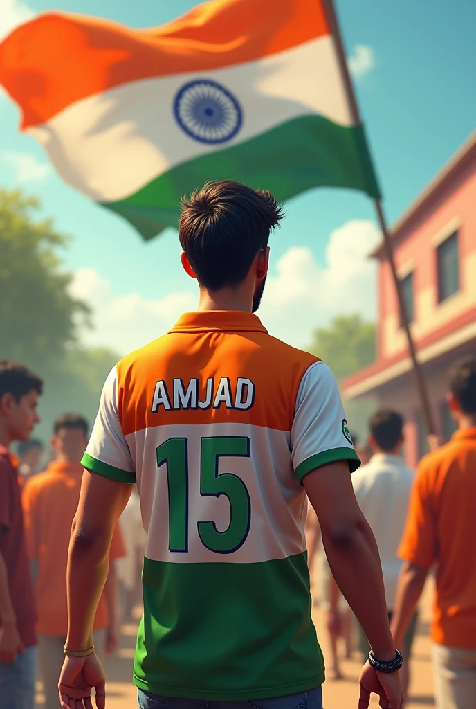 A 30 years old man celebrating indipendance day, with national flag of Bharat, in front of village School and he is wearing a shirt print is like Bharat flag and " AMJAD " and 15 number and independence day in small written on it's back in big and bold fonts, 3d illustration.