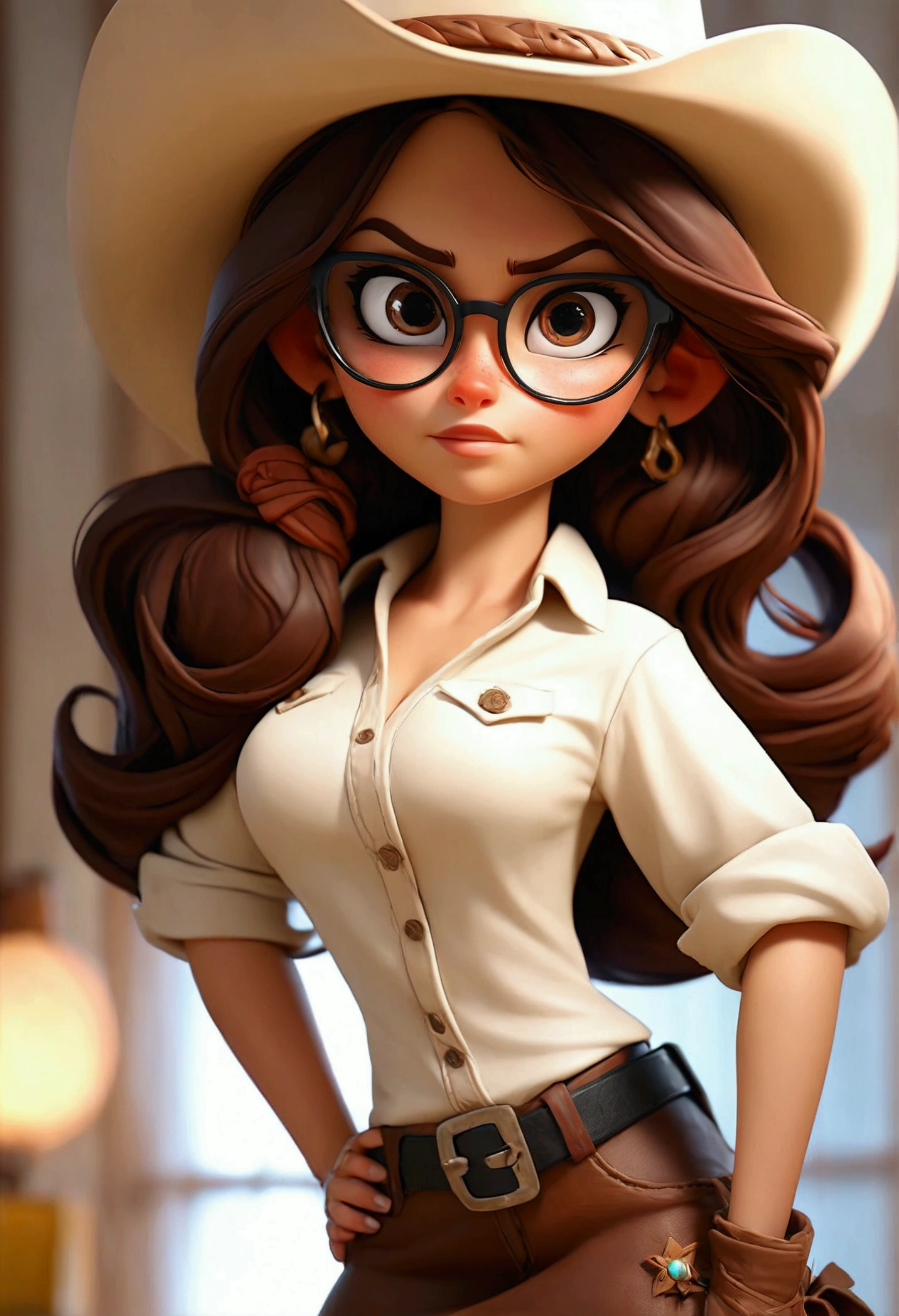 (Best quality, high resolution: 1.2), Ultra-detailed, (Realistic: 1.37) brunette, médium brown hair, brown eyes, with black glasses round small cheast, 30 years, full body, white a skirt and brown leather cowgirl style big boobs sexy
