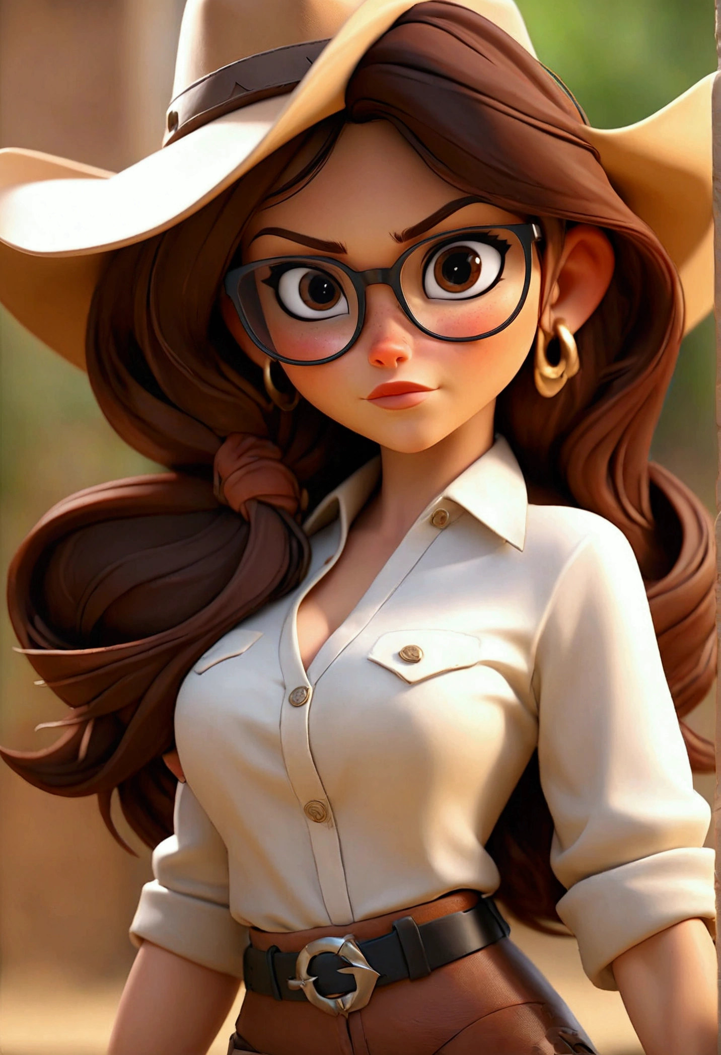 (Best quality, high resolution: 1.2), Ultra-detailed, (Realistic: 1.37) brunette, médium brown hair, brown eyes, with black glasses round small cheast, 30 years, full body, white a skirt and brown leather cowgirl style big boobs sexy