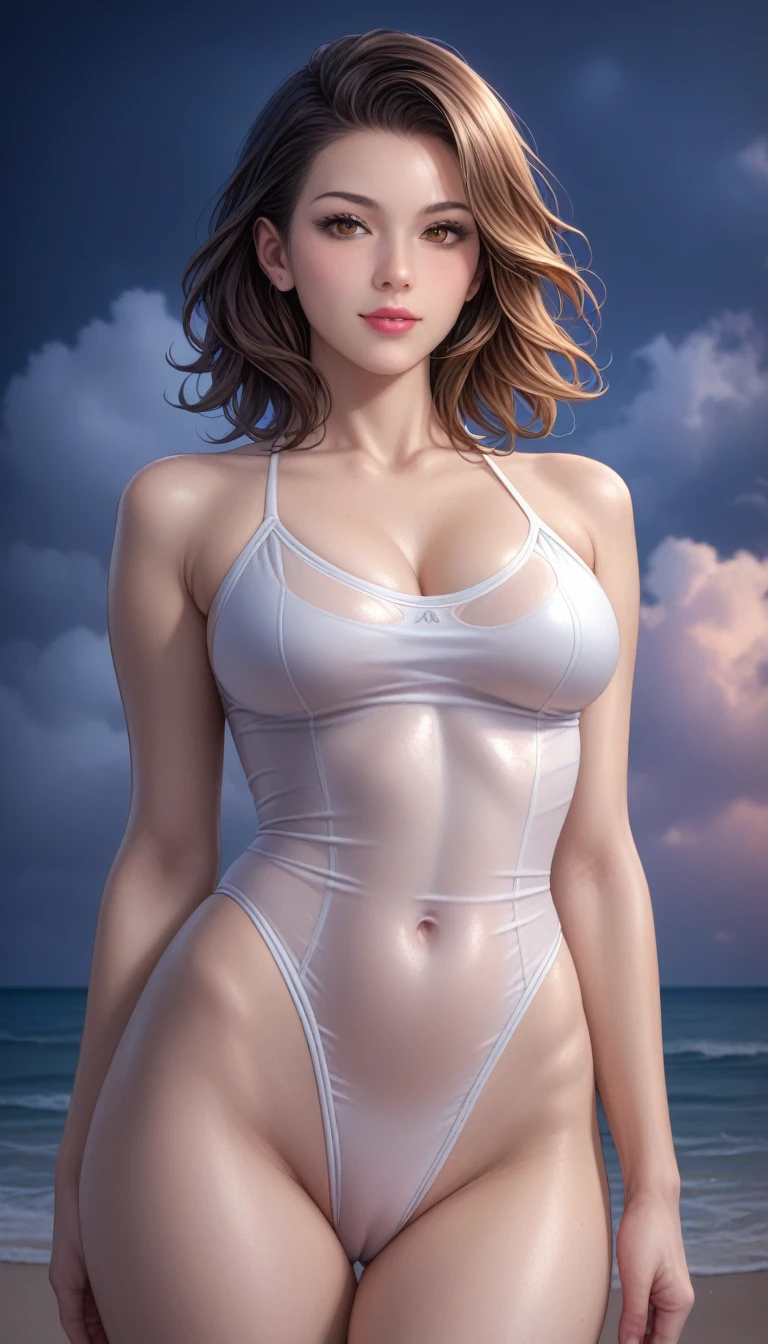 score_9, score_8_superior, score_7_superior, High resolution 3D anime style,A masterpiece in 32K resolution,Highest quality,it is really amazing,Very detailed,Ultra-high resolution,Ultra-realistic,Realistic,Increased depth of field,Cinematic lighting,
(Sexy mature Japan woman:1.1),
black straight medium hair,Ultra-detailed and beautiful face,Calm and gentle look,Beautiful brown eyes,Translucent white skin,Realistic skin texture,Great proportions,
Elegant high leg swimsuit,
Simple design,Chic color scheme,Detailed fabric texture,
(Dark overcast sky on a dull night:1.1),(Dark clouds filling the sky:1),(Thundercloud:1),Coastline at night,Stormy seas,(delay々A desolate sandy beach that continues:1),
Cinematic Angle,